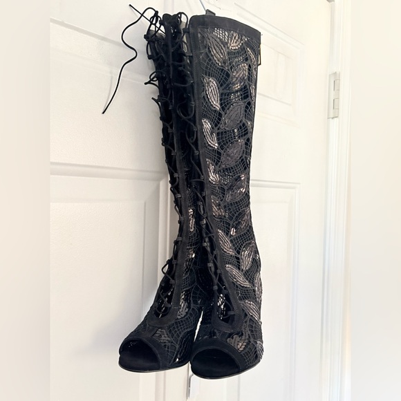 Schutz Black Sequin Embellished Open Toe Boots Size 7B - Picture 16 of 16